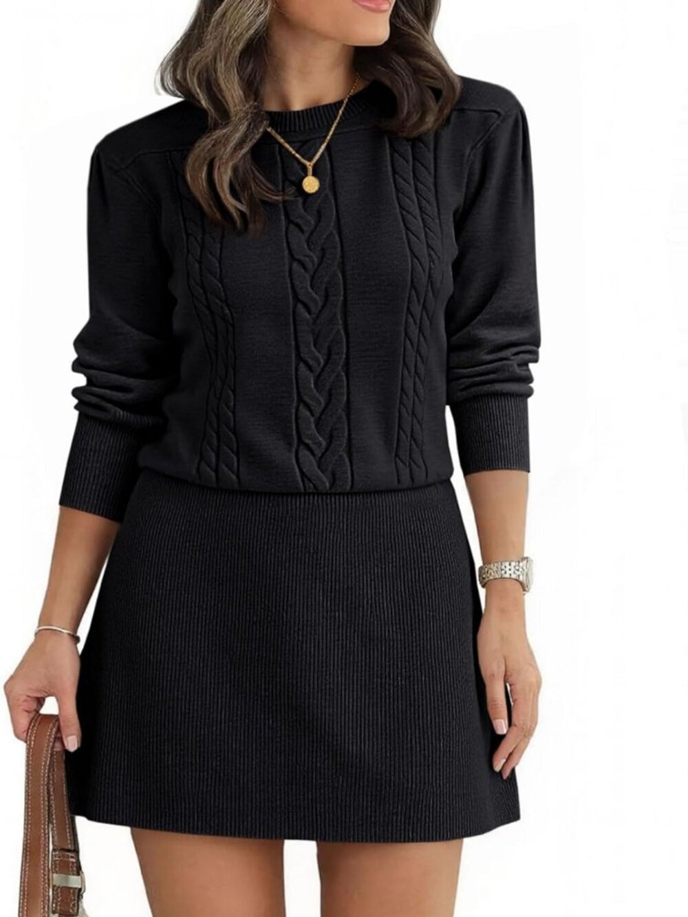Cozy Cable Knit Puff Sleeve Sweater Dress for Fall - Stylish & Warm Outfit